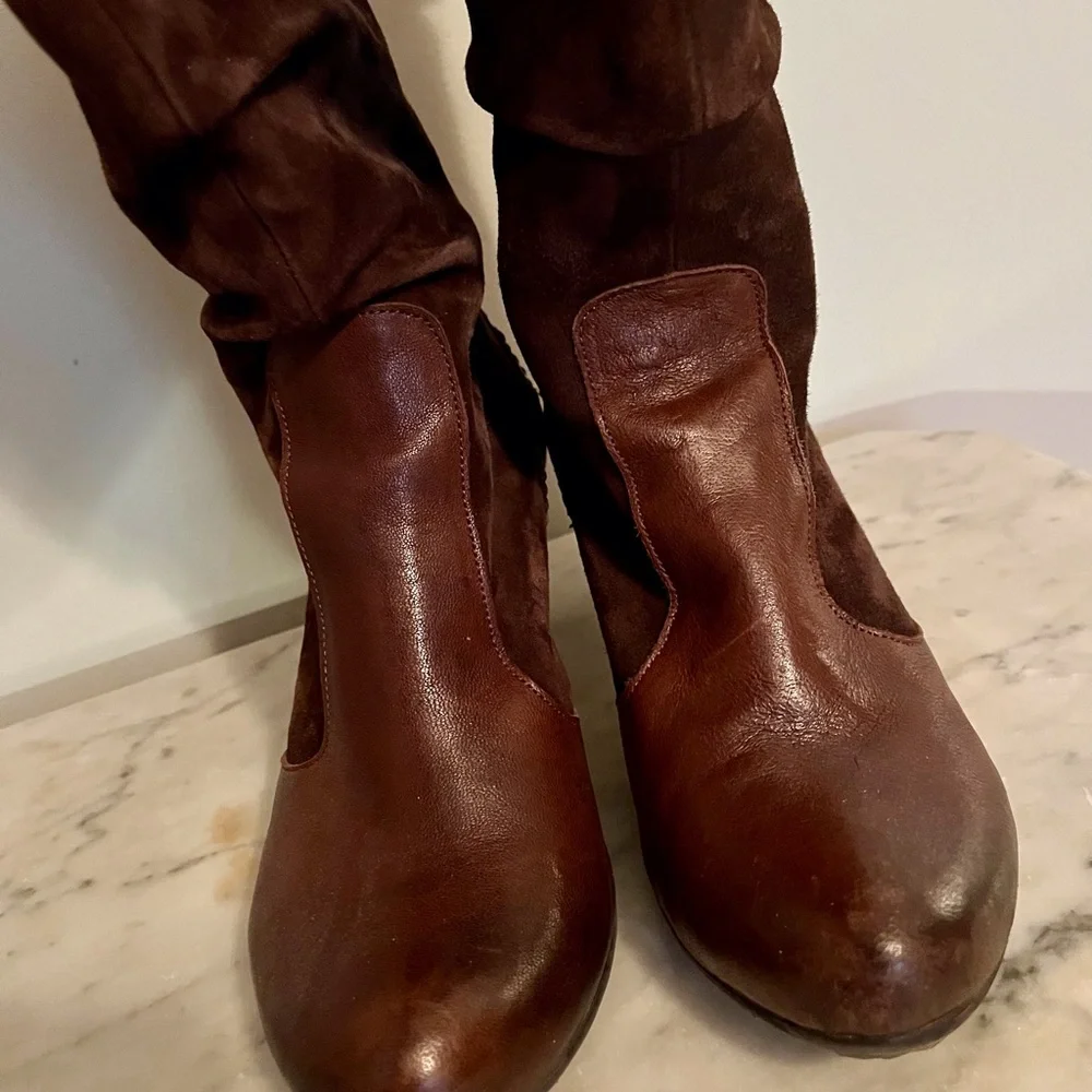Gold Button Leather and Suede Boots - Picture 2 of 9